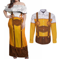 Traditional German Costume - Lederhosen and Soft Pretzel Couples Matching Off Shoulder Maxi Dress and Long Sleeve Button Shirt Oktoberfest Beer Head Funny Style