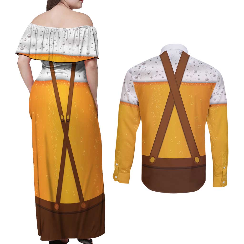 Traditional German Costume - Lederhosen and Soft Pretzel Couples Matching Off Shoulder Maxi Dress and Long Sleeve Button Shirt Oktoberfest Beer Head Funny Style