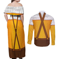 Traditional German Costume - Lederhosen and Soft Pretzel Couples Matching Off Shoulder Maxi Dress and Long Sleeve Button Shirt Oktoberfest Beer Head Funny Style