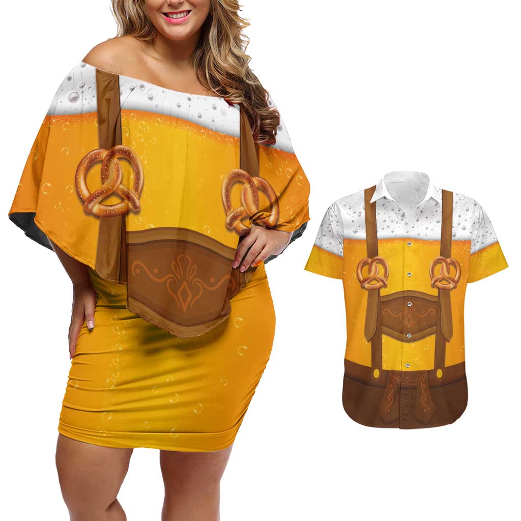 Traditional German Costume - Lederhosen and Soft Pretzel Couples Matching Off Shoulder Short Dress and Hawaiian Shirt Oktoberfest Beer Head Funny Style