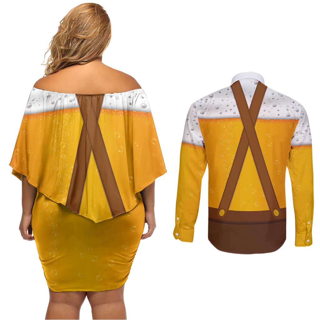 Traditional German Costume - Lederhosen and Soft Pretzel Couples Matching Off Shoulder Short Dress and Long Sleeve Button Shirt Oktoberfest Beer Head Funny Style