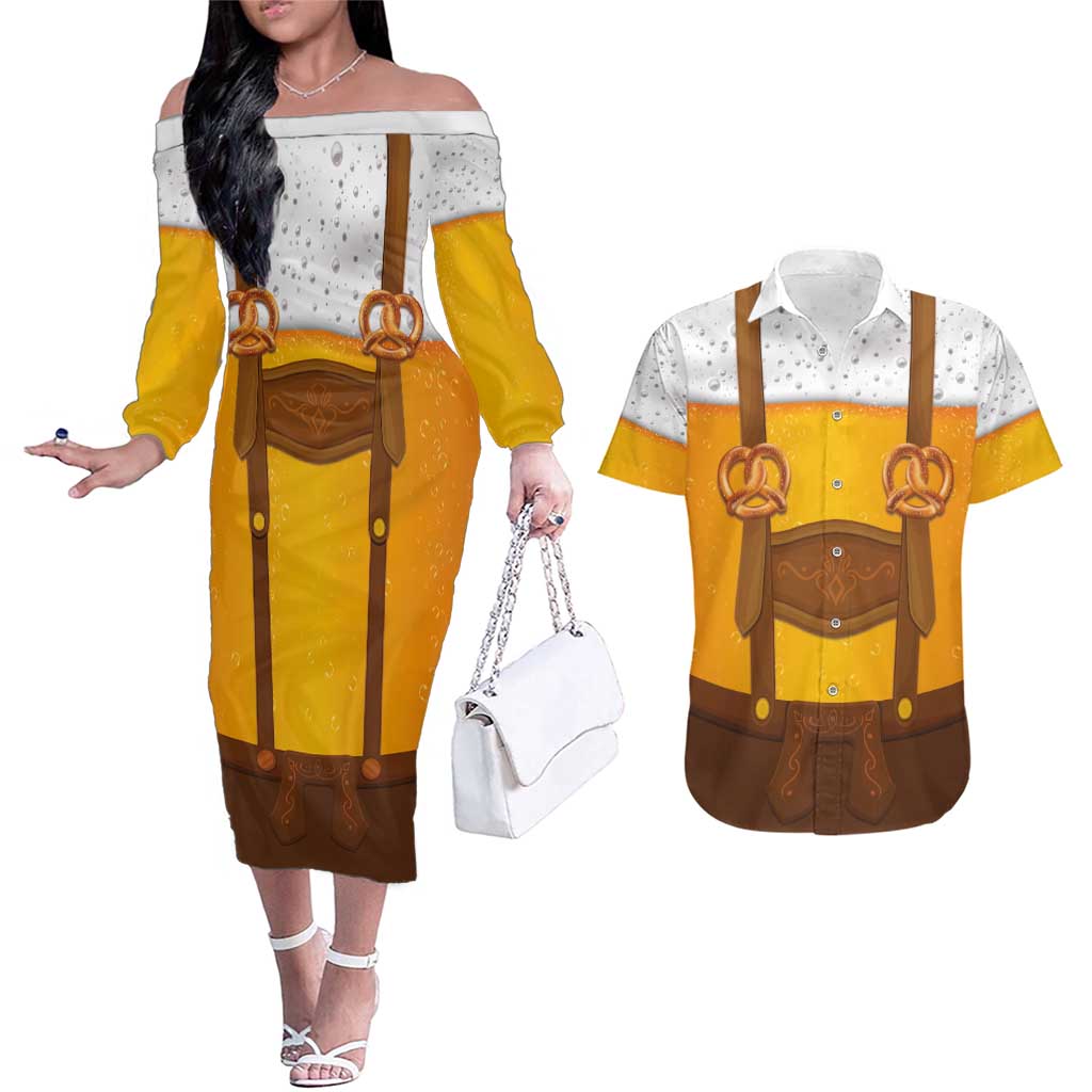 Traditional German Costume - Lederhosen and Soft Pretzel Couples Matching Off The Shoulder Long Sleeve Dress and Hawaiian Shirt Oktoberfest Beer Head Funny Style
