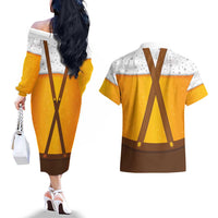 Traditional German Costume - Lederhosen and Soft Pretzel Couples Matching Off The Shoulder Long Sleeve Dress and Hawaiian Shirt Oktoberfest Beer Head Funny Style