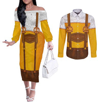 Traditional German Costume - Lederhosen and Soft Pretzel Couples Matching Off The Shoulder Long Sleeve Dress and Long Sleeve Button Shirt Oktoberfest Beer Head Funny Style