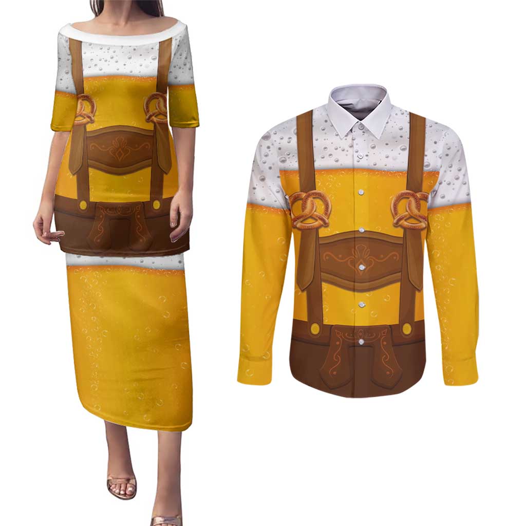 Traditional German Costume - Lederhosen and Soft Pretzel Couples Matching Puletasi and Long Sleeve Button Shirt Oktoberfest Beer Head Funny Style