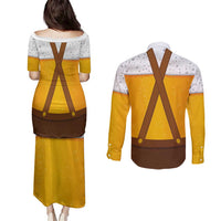 Traditional German Costume - Lederhosen and Soft Pretzel Couples Matching Puletasi and Long Sleeve Button Shirt Oktoberfest Beer Head Funny Style