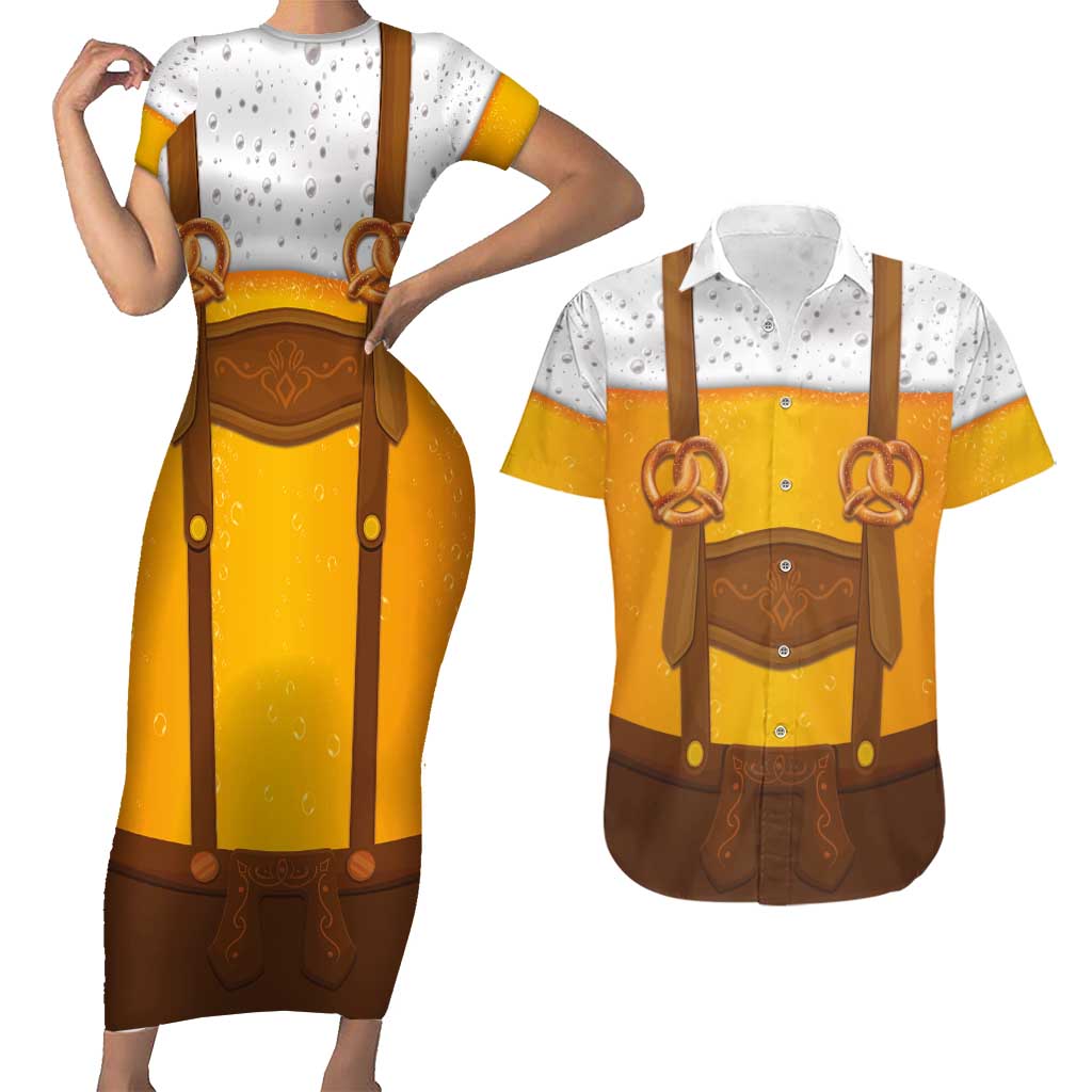 Traditional German Costume - Lederhosen and Soft Pretzel Couples Matching Short Sleeve Bodycon Dress and Hawaiian Shirt Oktoberfest Beer Head Funny Style