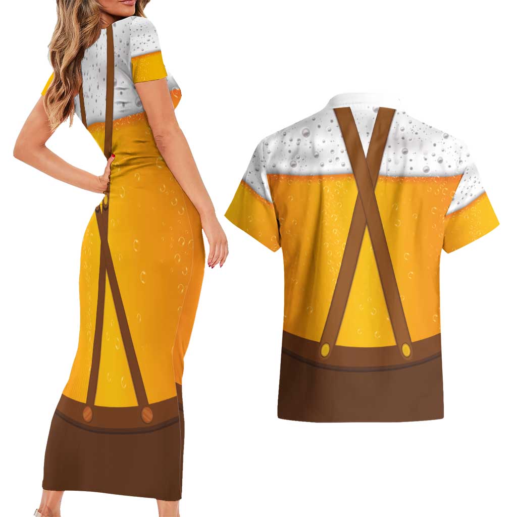 Traditional German Costume - Lederhosen and Soft Pretzel Couples Matching Short Sleeve Bodycon Dress and Hawaiian Shirt Oktoberfest Beer Head Funny Style