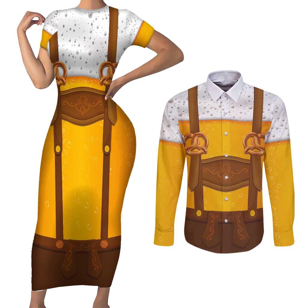 Traditional German Costume - Lederhosen and Soft Pretzel Couples Matching Short Sleeve Bodycon Dress and Long Sleeve Button Shirt Oktoberfest Beer Head Funny Style