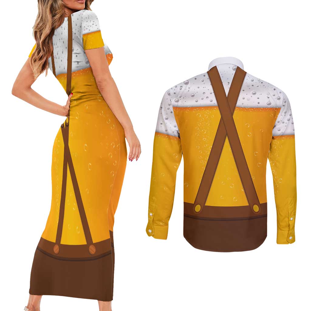 Traditional German Costume - Lederhosen and Soft Pretzel Couples Matching Short Sleeve Bodycon Dress and Long Sleeve Button Shirt Oktoberfest Beer Head Funny Style