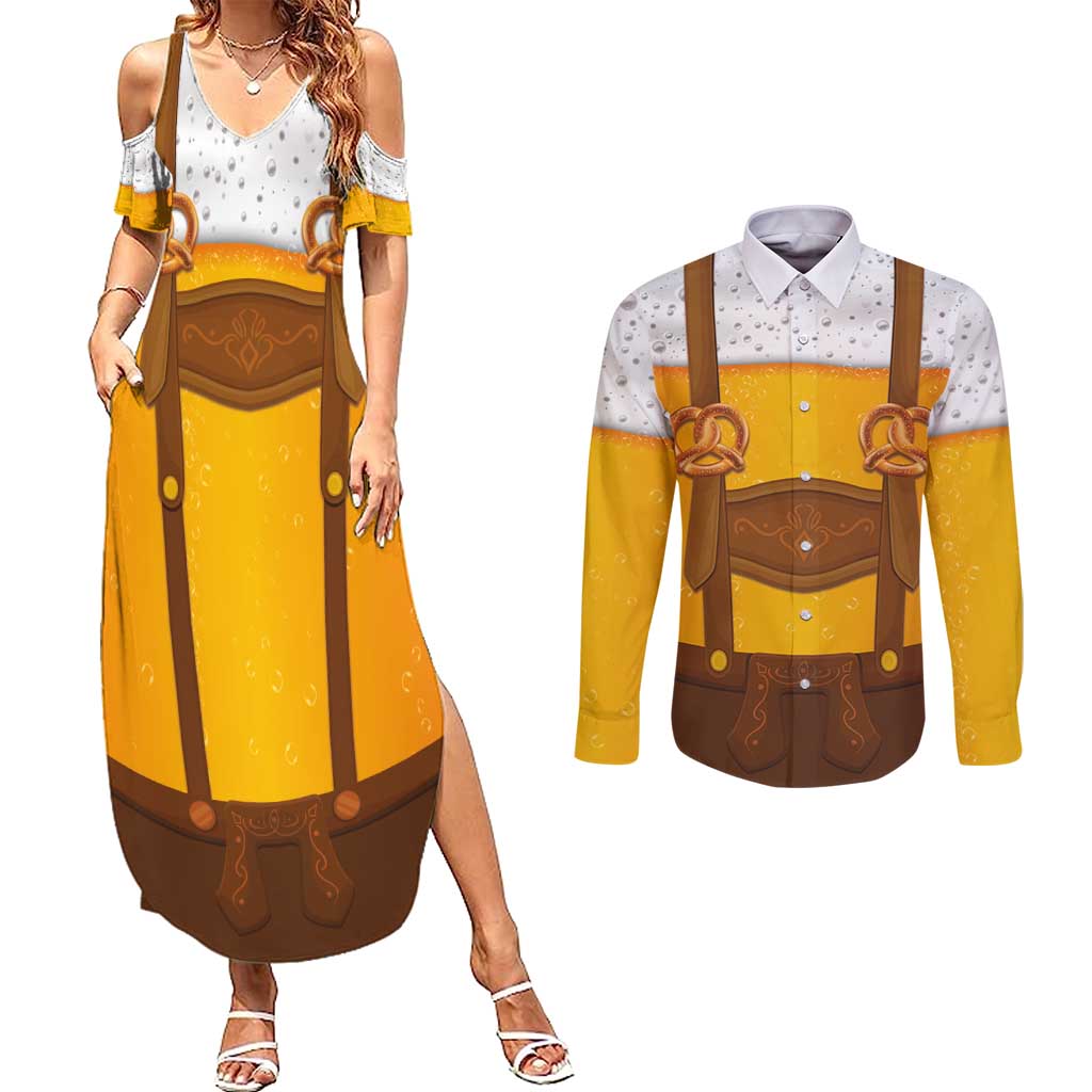 Traditional German Costume - Lederhosen and Soft Pretzel Couples Matching Summer Maxi Dress and Long Sleeve Button Shirt Oktoberfest Beer Head Funny Style