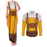 Traditional German Costume - Lederhosen and Soft Pretzel Couples Matching Tank Maxi Dress and Long Sleeve Button Shirt Oktoberfest Beer Head Funny Style