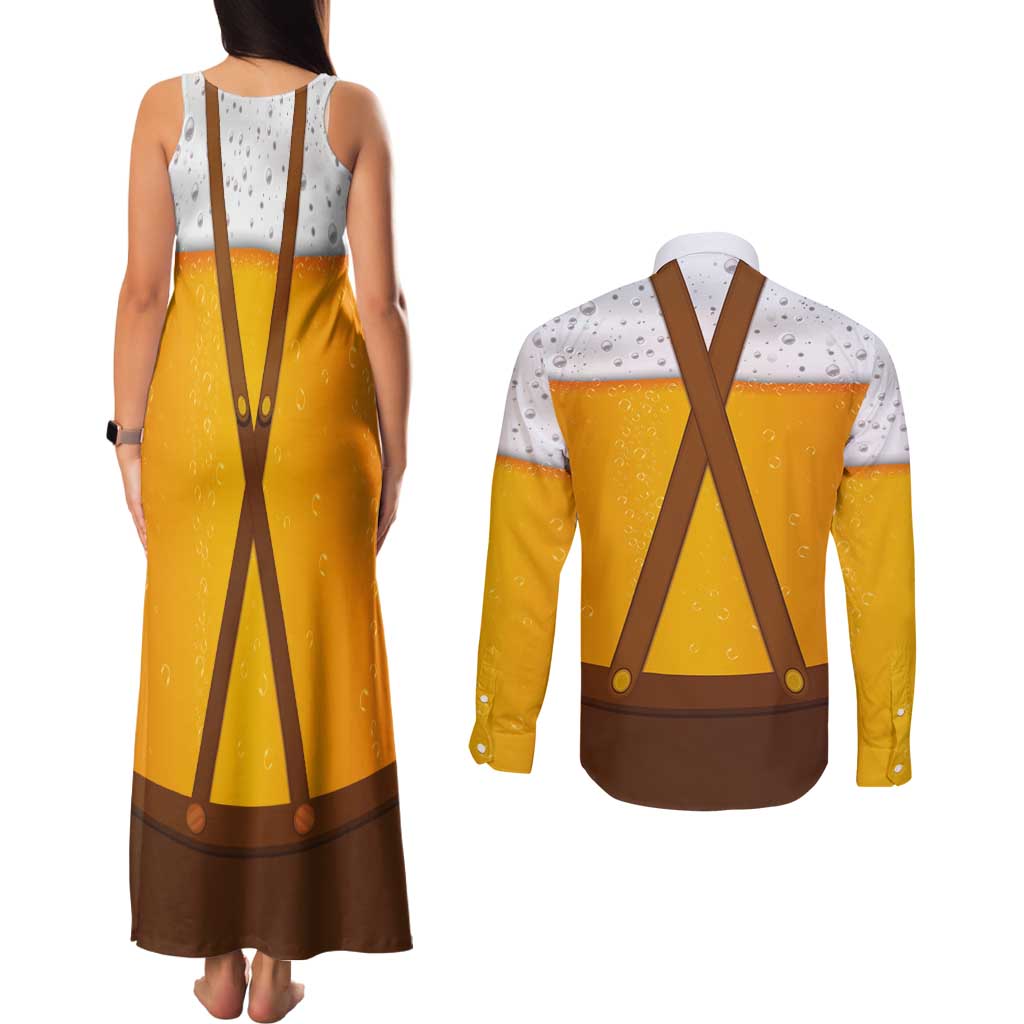 Traditional German Costume - Lederhosen and Soft Pretzel Couples Matching Tank Maxi Dress and Long Sleeve Button Shirt Oktoberfest Beer Head Funny Style