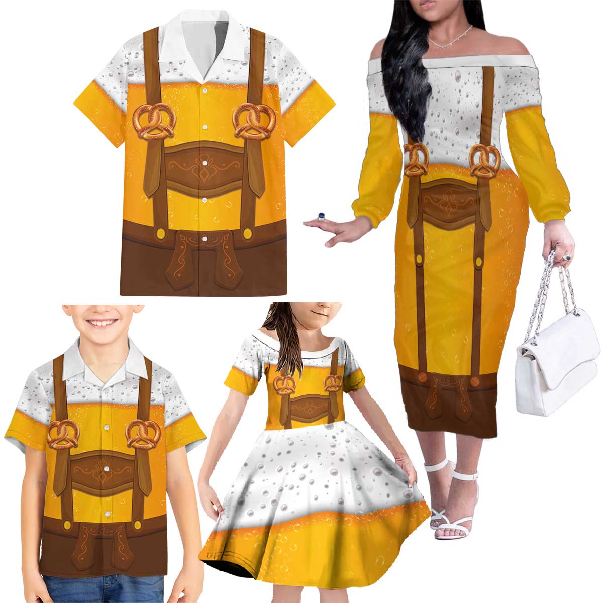 Traditional German Costume - Lederhosen and Soft Pretzel Family Matching Off The Shoulder Long Sleeve Dress and Hawaiian Shirt Oktoberfest Beer Head Funny Style