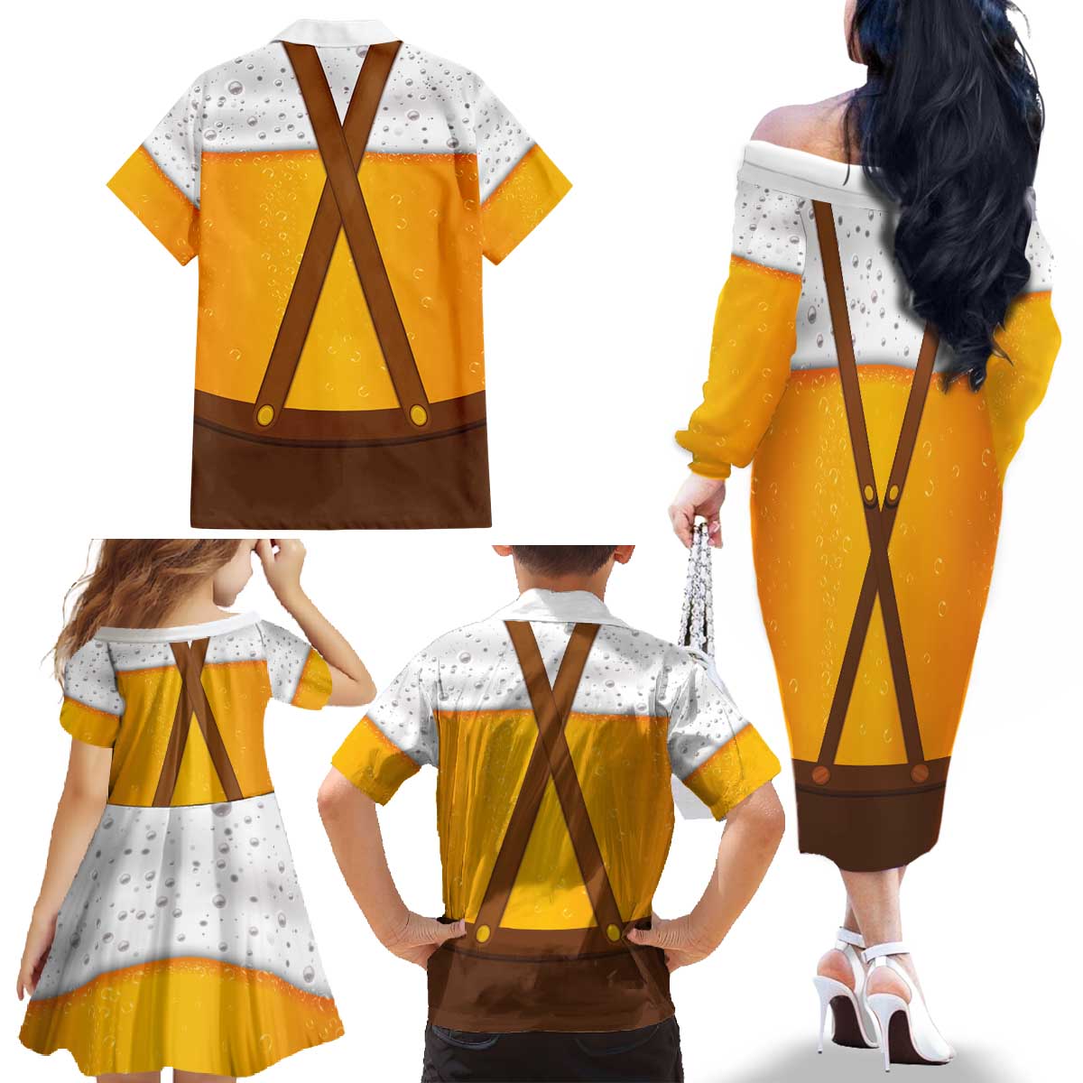 Traditional German Costume - Lederhosen and Soft Pretzel Family Matching Off The Shoulder Long Sleeve Dress and Hawaiian Shirt Oktoberfest Beer Head Funny Style
