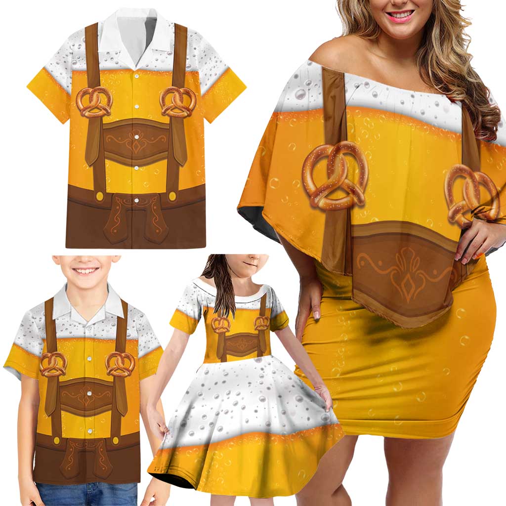 Traditional German Costume - Lederhosen and Soft Pretzel Family Matching Off Shoulder Short Dress and Hawaiian Shirt Oktoberfest Beer Head Funny Style