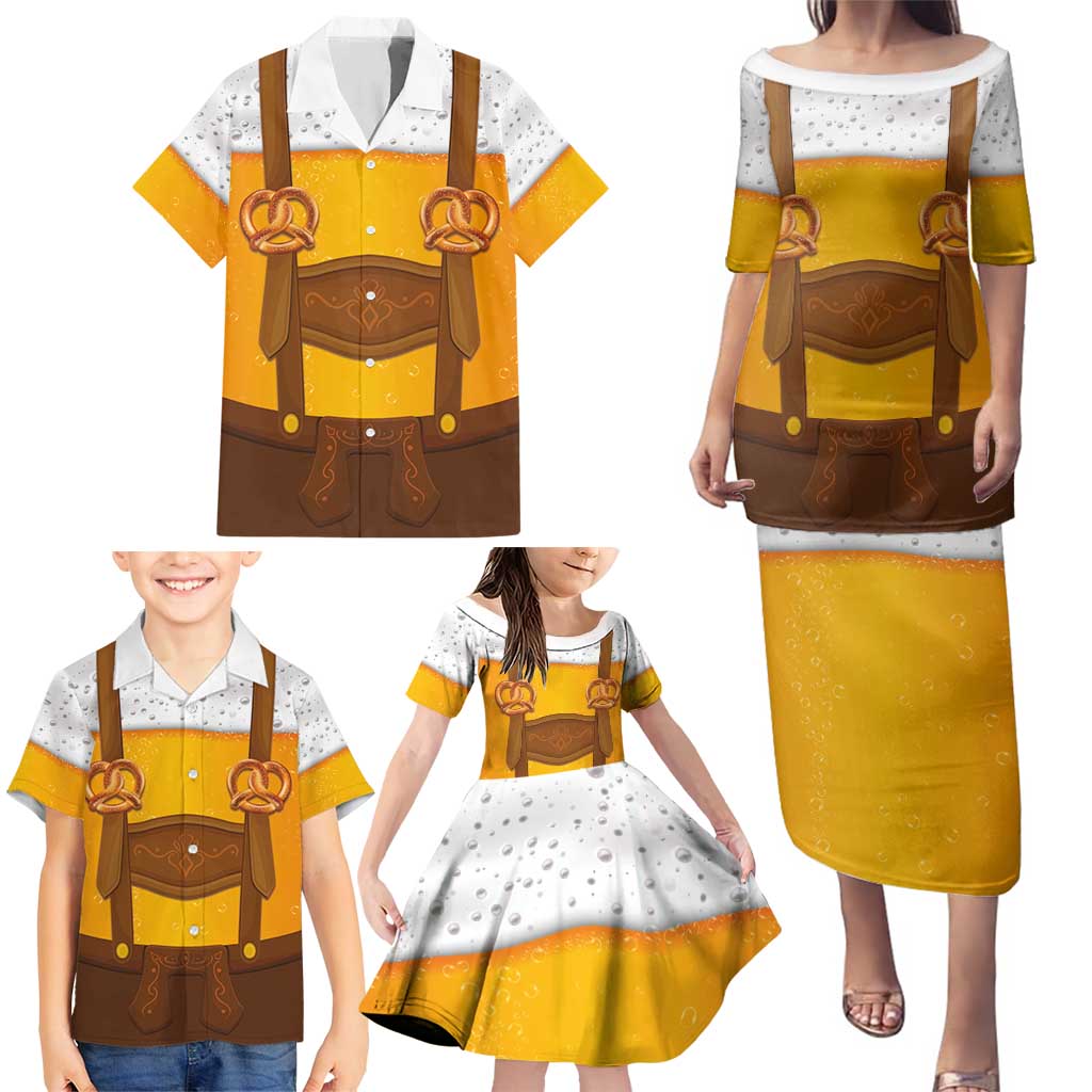 Traditional German Costume - Lederhosen and Soft Pretzel Family Matching Puletasi and Hawaiian Shirt Oktoberfest Beer Head Funny Style