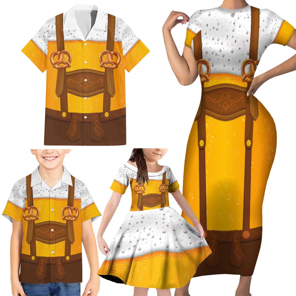 Traditional German Costume - Lederhosen and Soft Pretzel Family Matching Short Sleeve Bodycon Dress and Hawaiian Shirt Oktoberfest Beer Head Funny Style