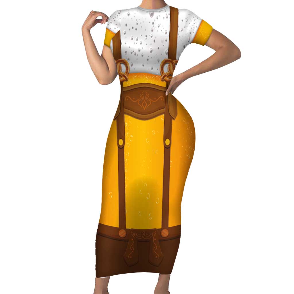 Traditional German Costume - Lederhosen and Soft Pretzel Family Matching Short Sleeve Bodycon Dress and Hawaiian Shirt Oktoberfest Beer Head Funny Style