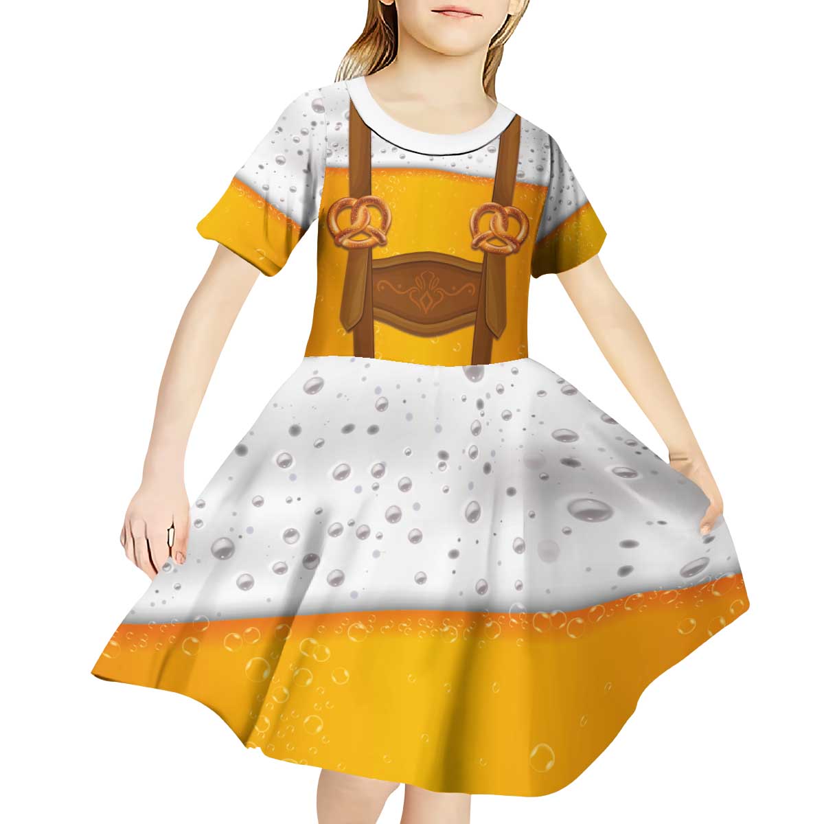Traditional German Costume - Lederhosen and Soft Pretzel Kid Short Sleeve Dress Oktoberfest Beer Head Funny Style