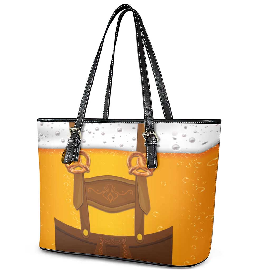 Traditional German Costume - Lederhosen and Soft Pretzel Leather Tote Bag Oktoberfest Beer Head Funny Style