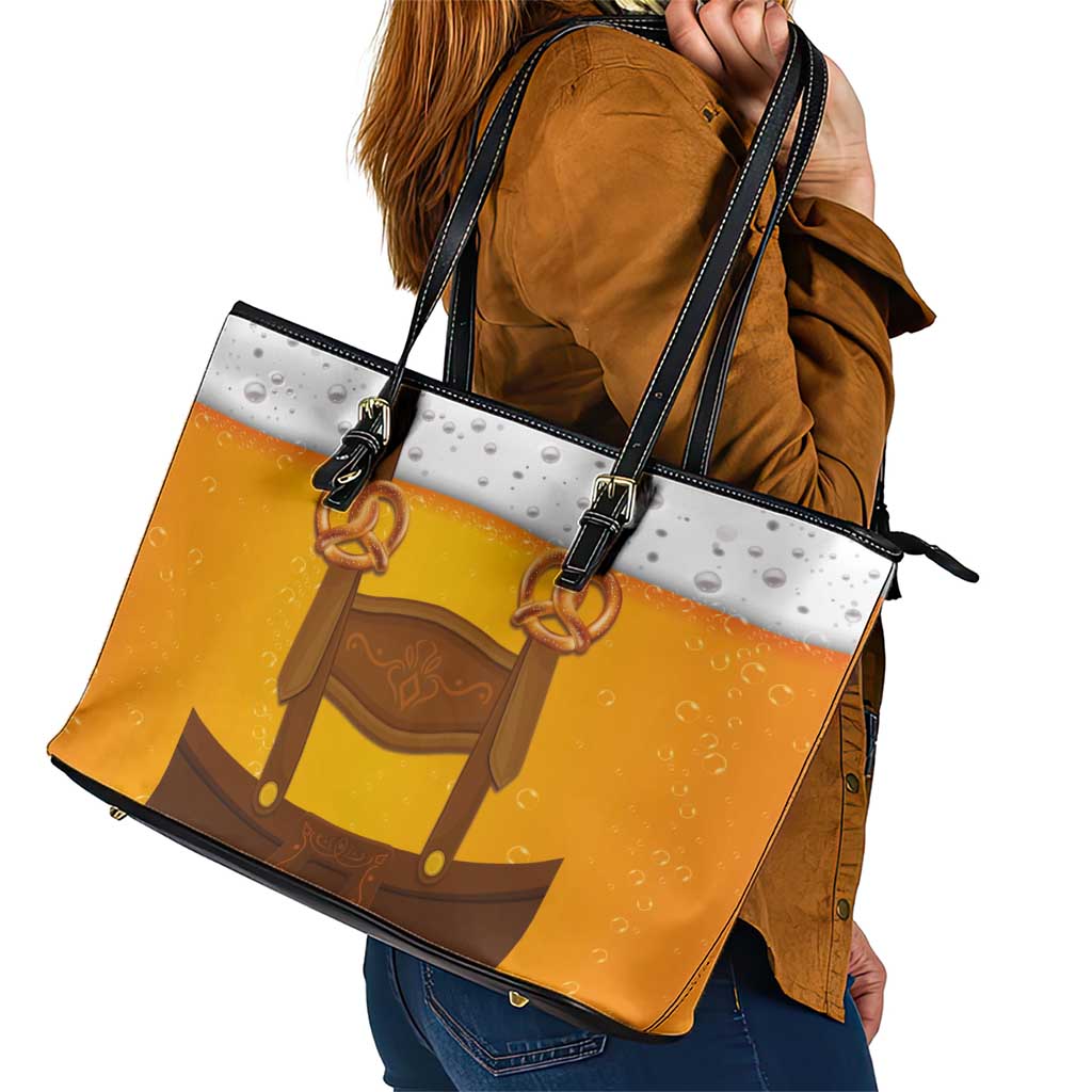 Traditional German Costume - Lederhosen and Soft Pretzel Leather Tote Bag Oktoberfest Beer Head Funny Style