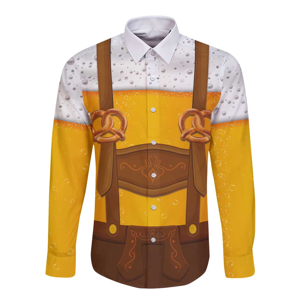 Traditional German Costume - Lederhosen and Soft Pretzel Long Sleeve Button Shirt Oktoberfest Beer Head Funny Style