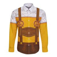 Traditional German Costume - Lederhosen and Soft Pretzel Long Sleeve Button Shirt Oktoberfest Beer Head Funny Style