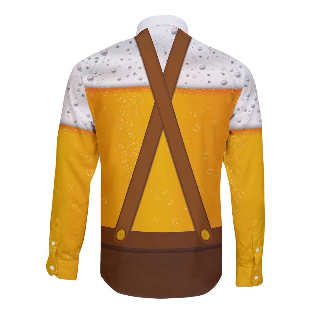 Traditional German Costume - Lederhosen and Soft Pretzel Long Sleeve Button Shirt Oktoberfest Beer Head Funny Style