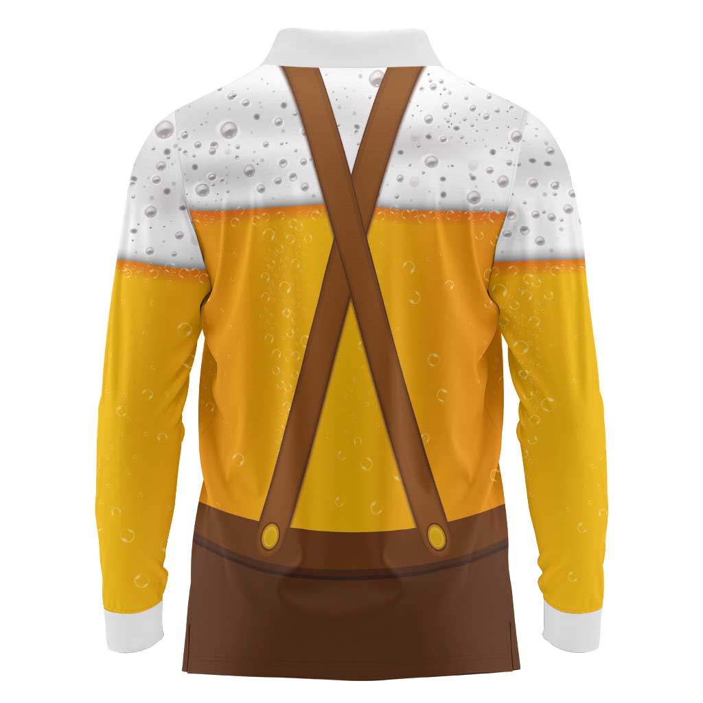 Traditional German Costume - Lederhosen and Soft Pretzel Long Sleeve Polo Shirt Oktoberfest Beer Head Funny Style