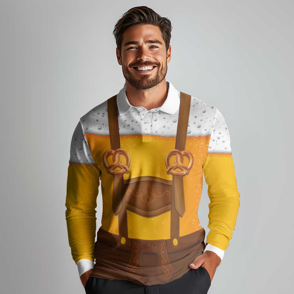 Traditional German Costume - Lederhosen and Soft Pretzel Long Sleeve Polo Shirt Oktoberfest Beer Head Funny Style