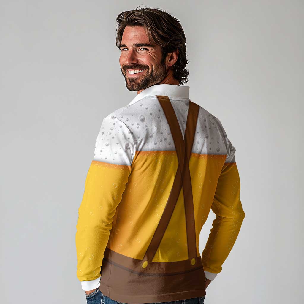 Traditional German Costume - Lederhosen and Soft Pretzel Long Sleeve Polo Shirt Oktoberfest Beer Head Funny Style