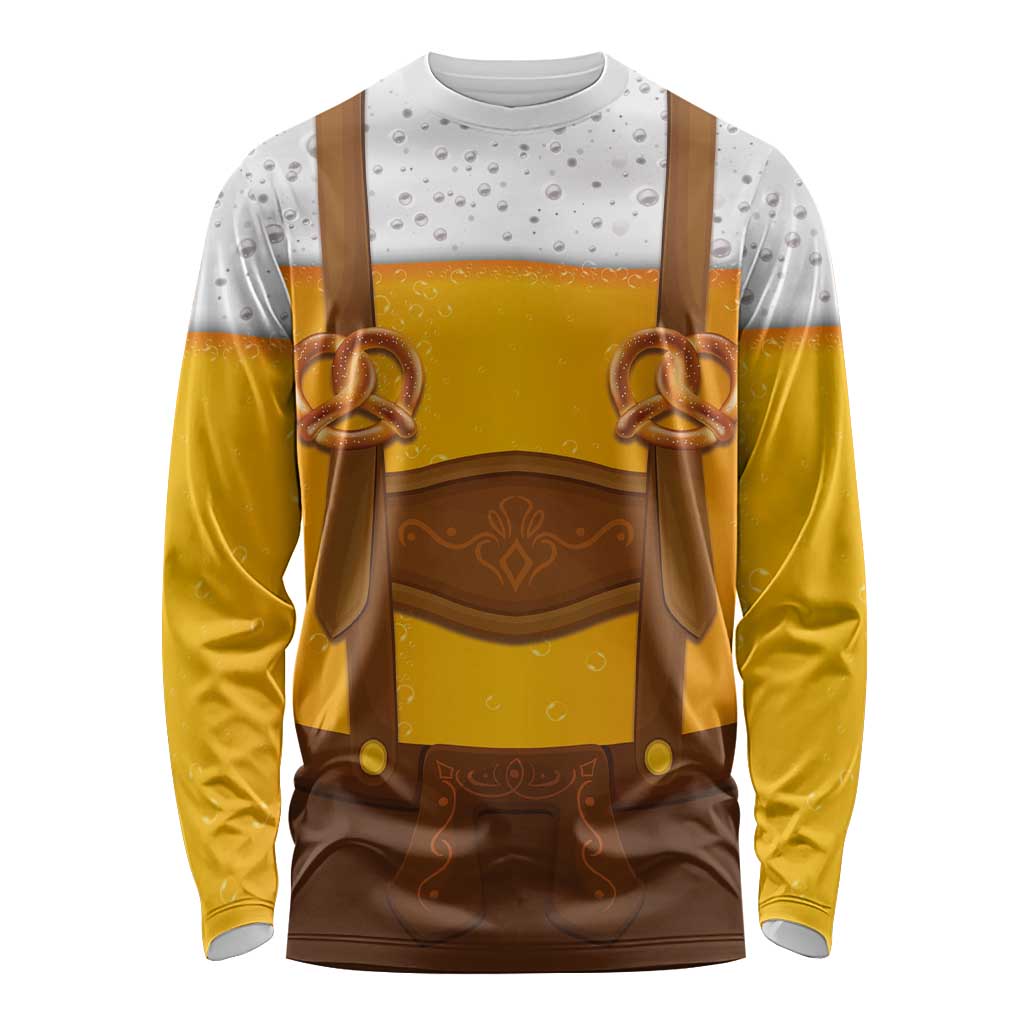 Traditional German Costume - Lederhosen and Soft Pretzel Long Sleeve Shirt Oktoberfest Beer Head Funny Style