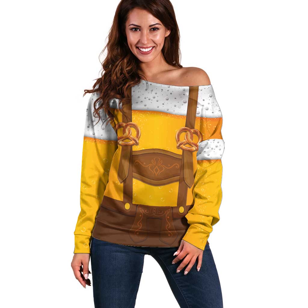 Traditional German Costume - Lederhosen and Soft Pretzel Off Shoulder Sweater Oktoberfest Beer Head Funny Style