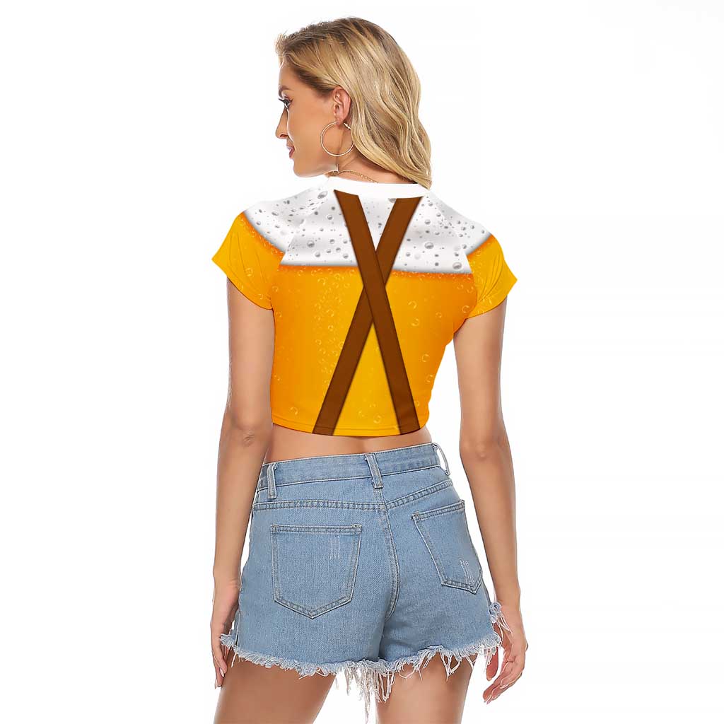 Traditional German Costume - Lederhosen and Soft Pretzel Raglan Cropped T Shirt Oktoberfest Beer Head Funny Style