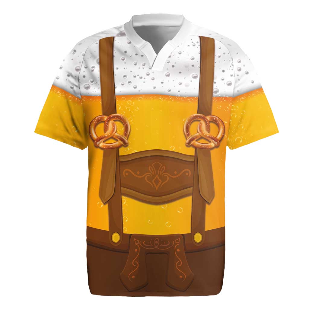 Traditional German Costume - Lederhosen and Soft Pretzel Rugby Jersey Oktoberfest Beer Head Funny Style
