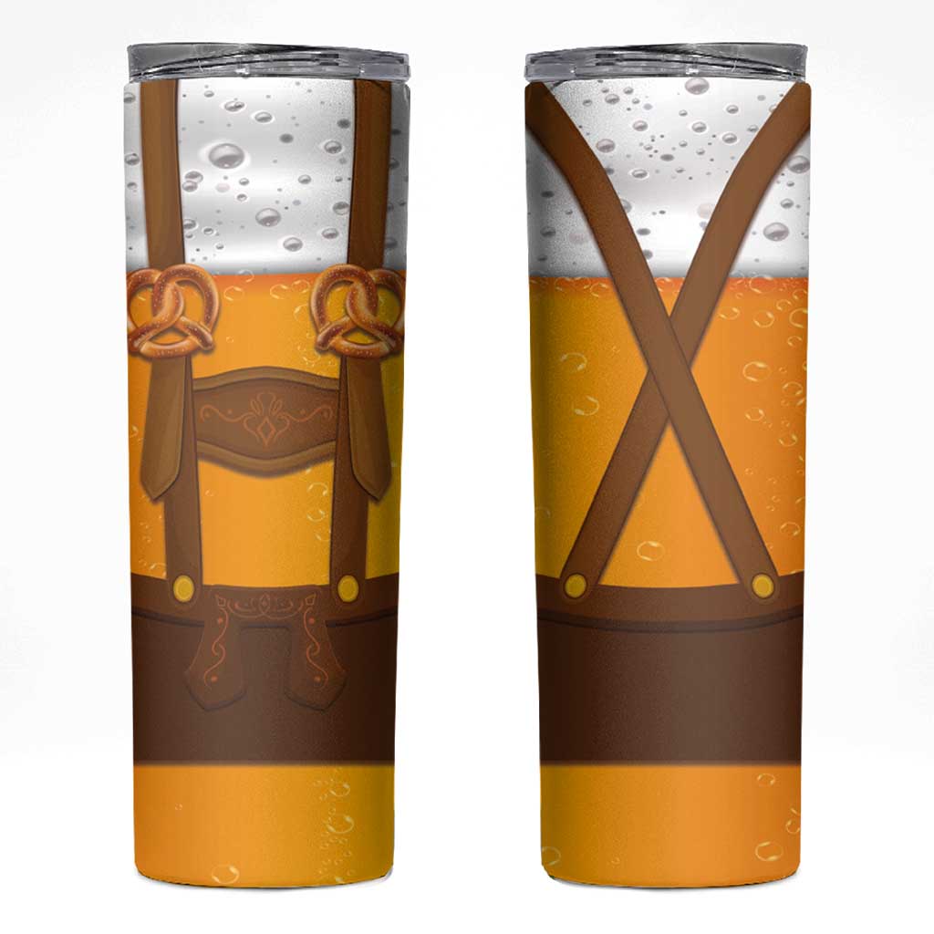 Traditional German Costume - Lederhosen and Soft Pretzel Skinny Tumbler Oktoberfest Beer Head Funny Style