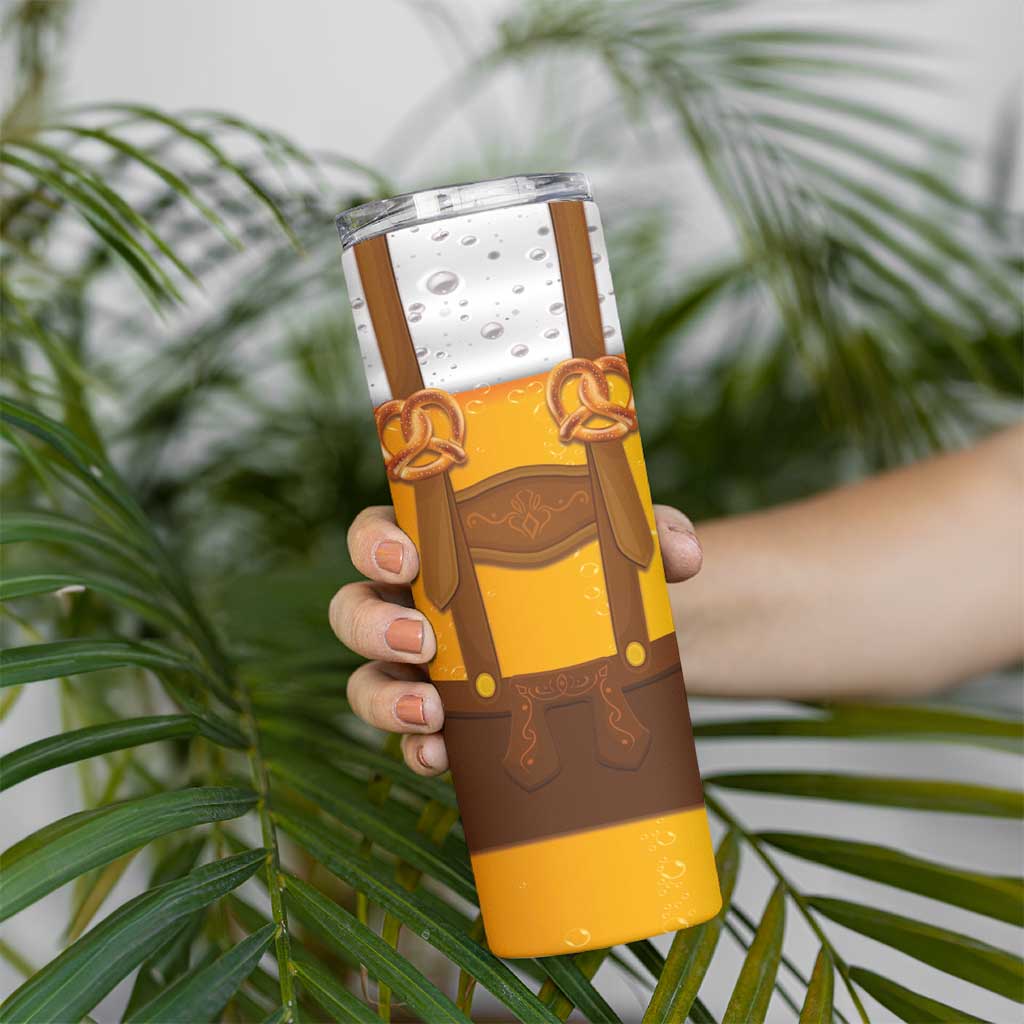 Traditional German Costume - Lederhosen and Soft Pretzel Skinny Tumbler Oktoberfest Beer Head Funny Style
