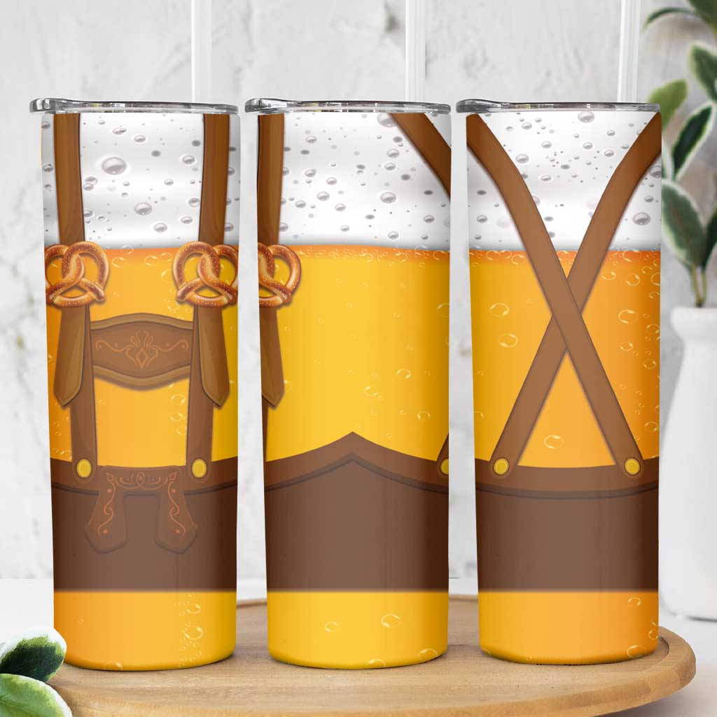 Traditional German Costume - Lederhosen and Soft Pretzel Skinny Tumbler Oktoberfest Beer Head Funny Style