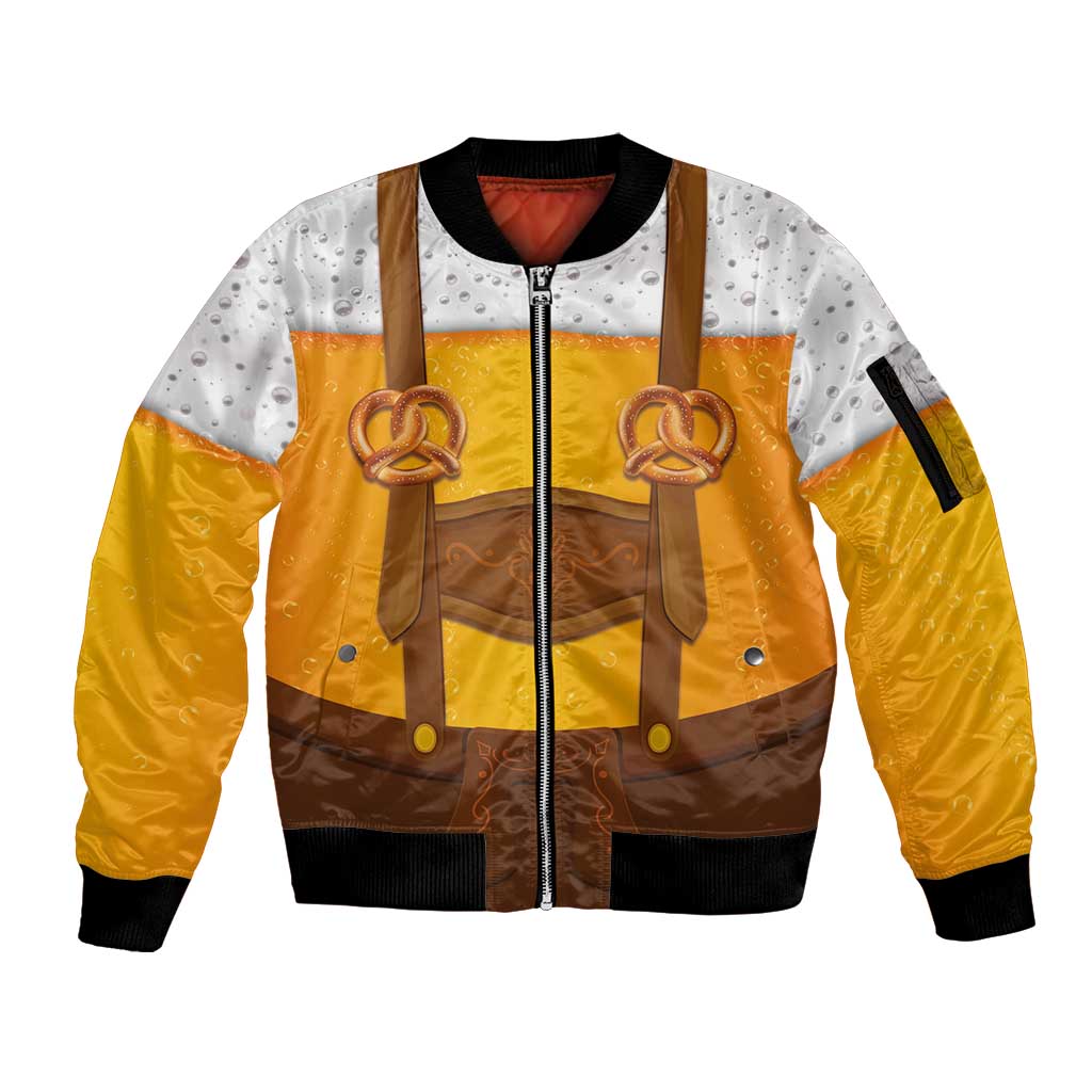 Traditional German Costume - Lederhosen and Soft Pretzel Sleeve Zip Bomber Jacket Oktoberfest Beer Head Funny Style