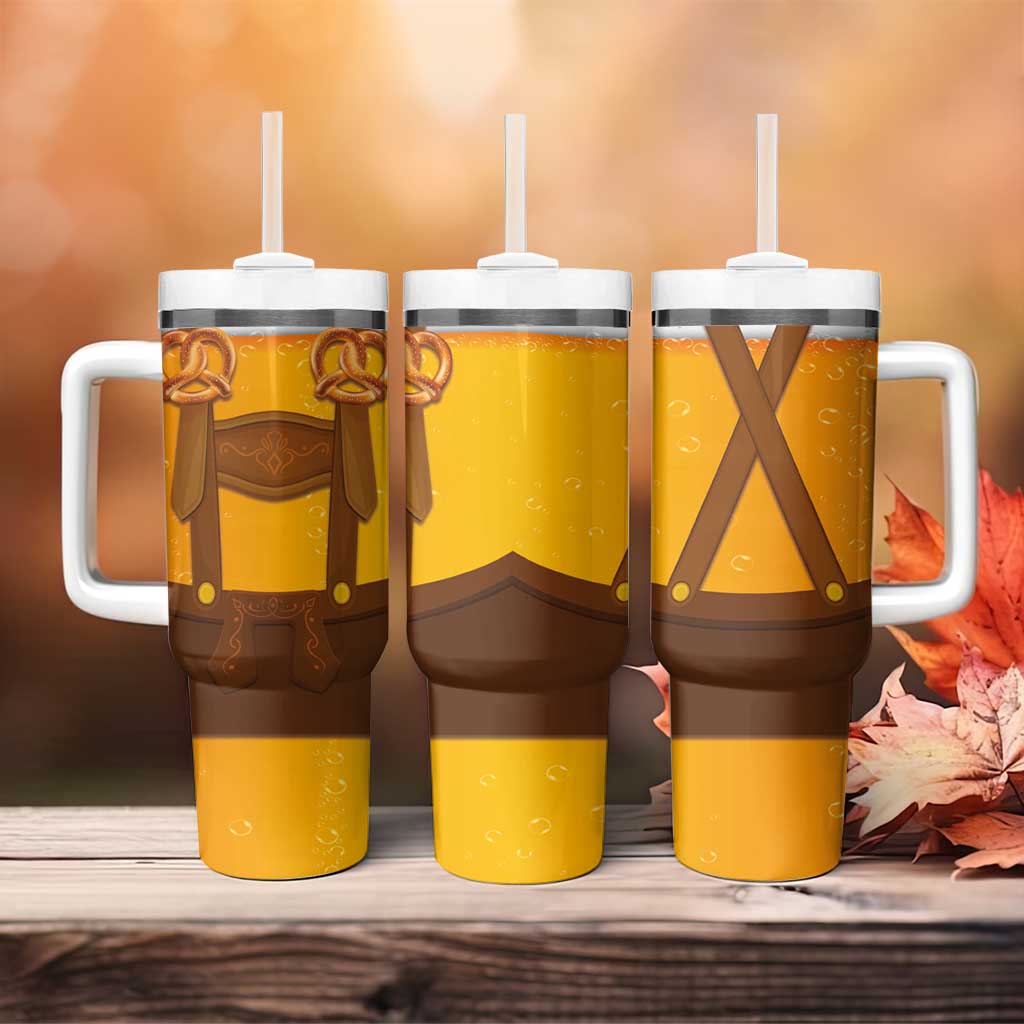 Traditional German Costume - Lederhosen and Soft Pretzel Tumbler With Handle Oktoberfest Beer Head Funny Style