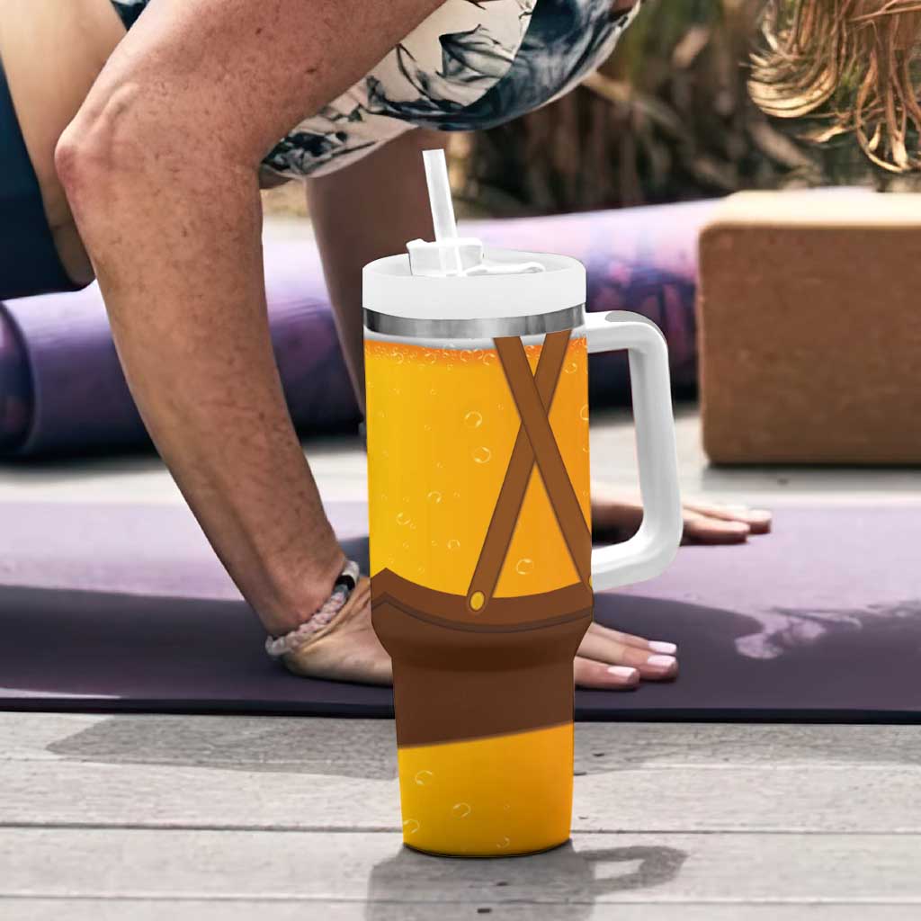 Traditional German Costume - Lederhosen and Soft Pretzel Tumbler With Handle Oktoberfest Beer Head Funny Style