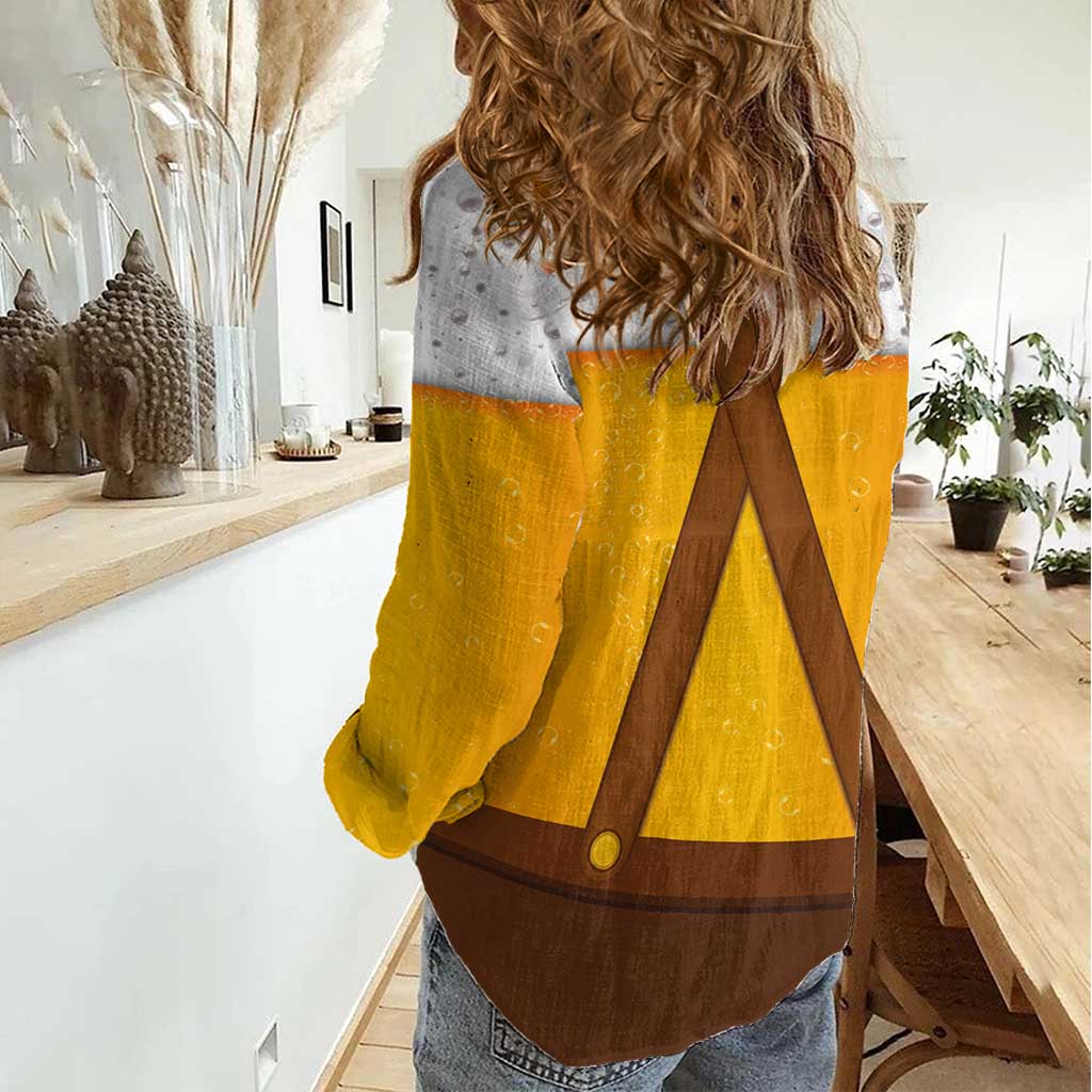 Traditional German Costume - Lederhosen and Soft Pretzel Women Casual Shirt Oktoberfest Beer Head Funny Style