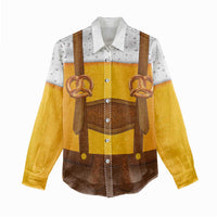 Traditional German Costume - Lederhosen and Soft Pretzel Women Casual Shirt Oktoberfest Beer Head Funny Style