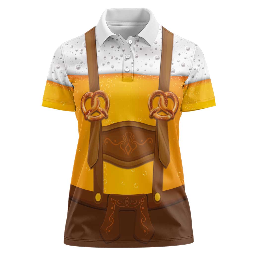 Traditional German Costume - Lederhosen and Soft Pretzel Women Polo Shirt Oktoberfest Beer Head Funny Style