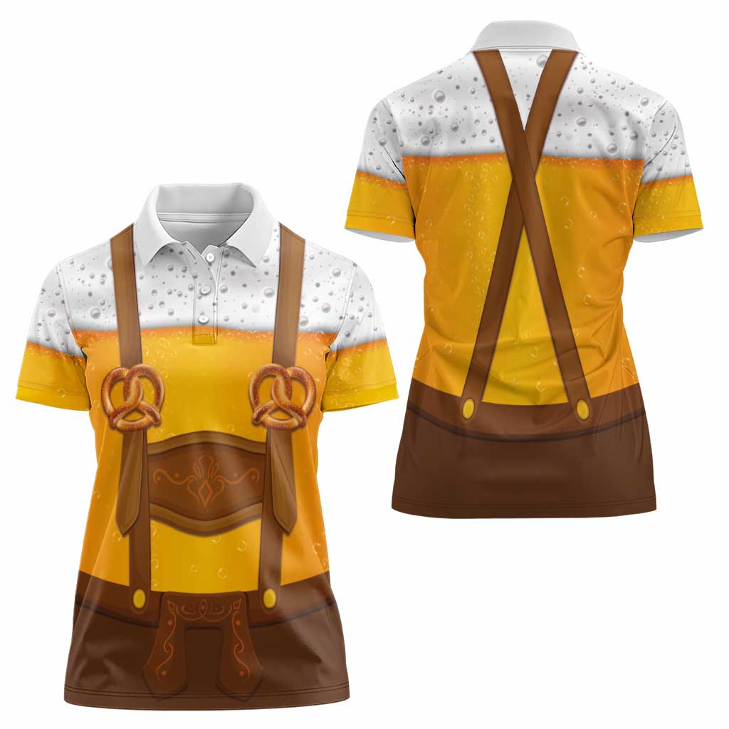 Traditional German Costume - Lederhosen and Soft Pretzel Women Polo Shirt Oktoberfest Beer Head Funny Style