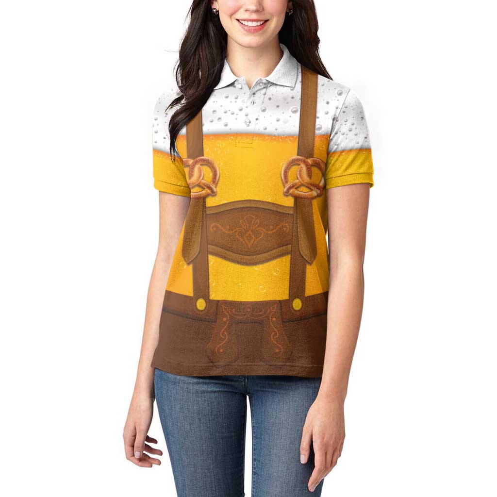 Traditional German Costume - Lederhosen and Soft Pretzel Women Polo Shirt Oktoberfest Beer Head Funny Style