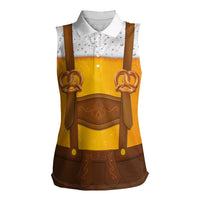 Traditional German Costume - Lederhosen and Soft Pretzel Women Sleeveless Polo Shirt Oktoberfest Beer Head Funny Style