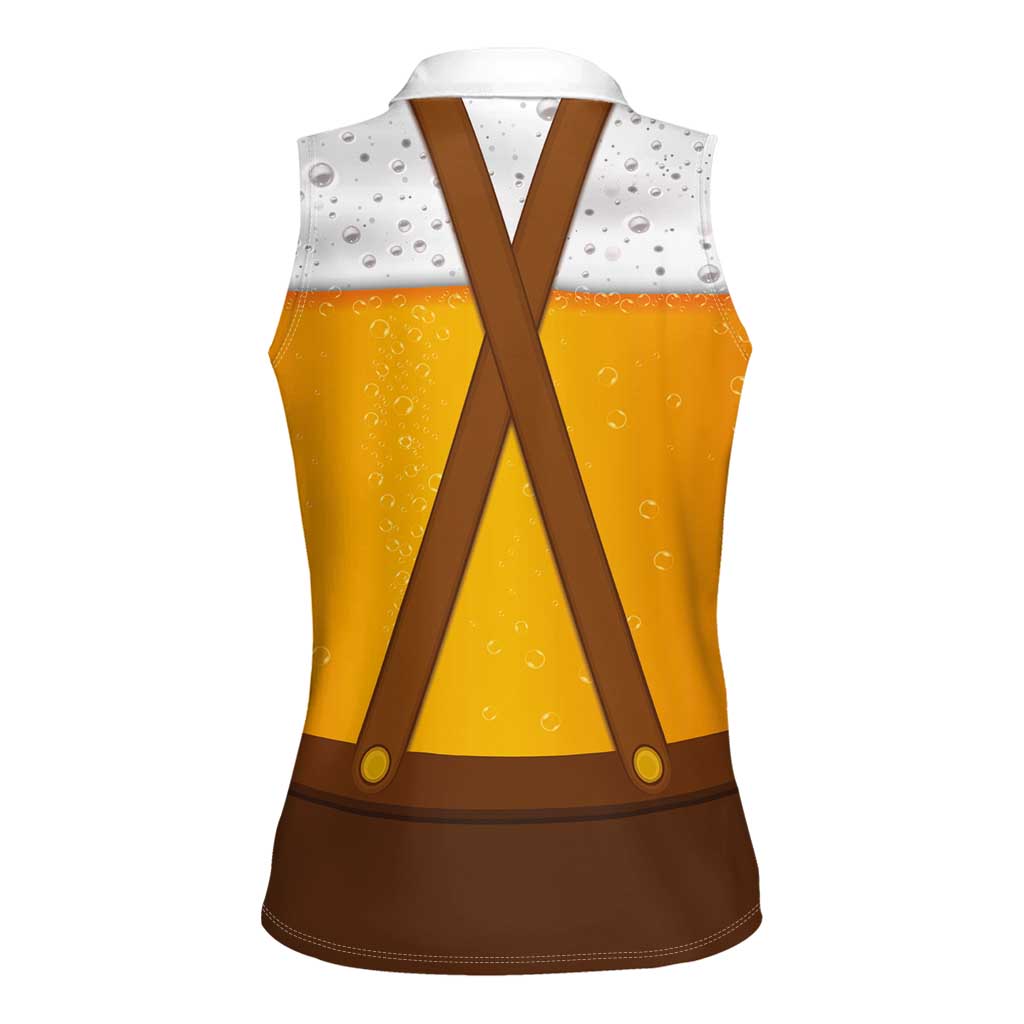 Traditional German Costume - Lederhosen and Soft Pretzel Women Sleeveless Polo Shirt Oktoberfest Beer Head Funny Style