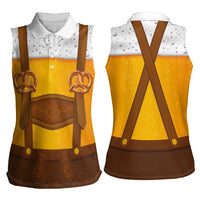 Traditional German Costume - Lederhosen and Soft Pretzel Women Sleeveless Polo Shirt Oktoberfest Beer Head Funny Style